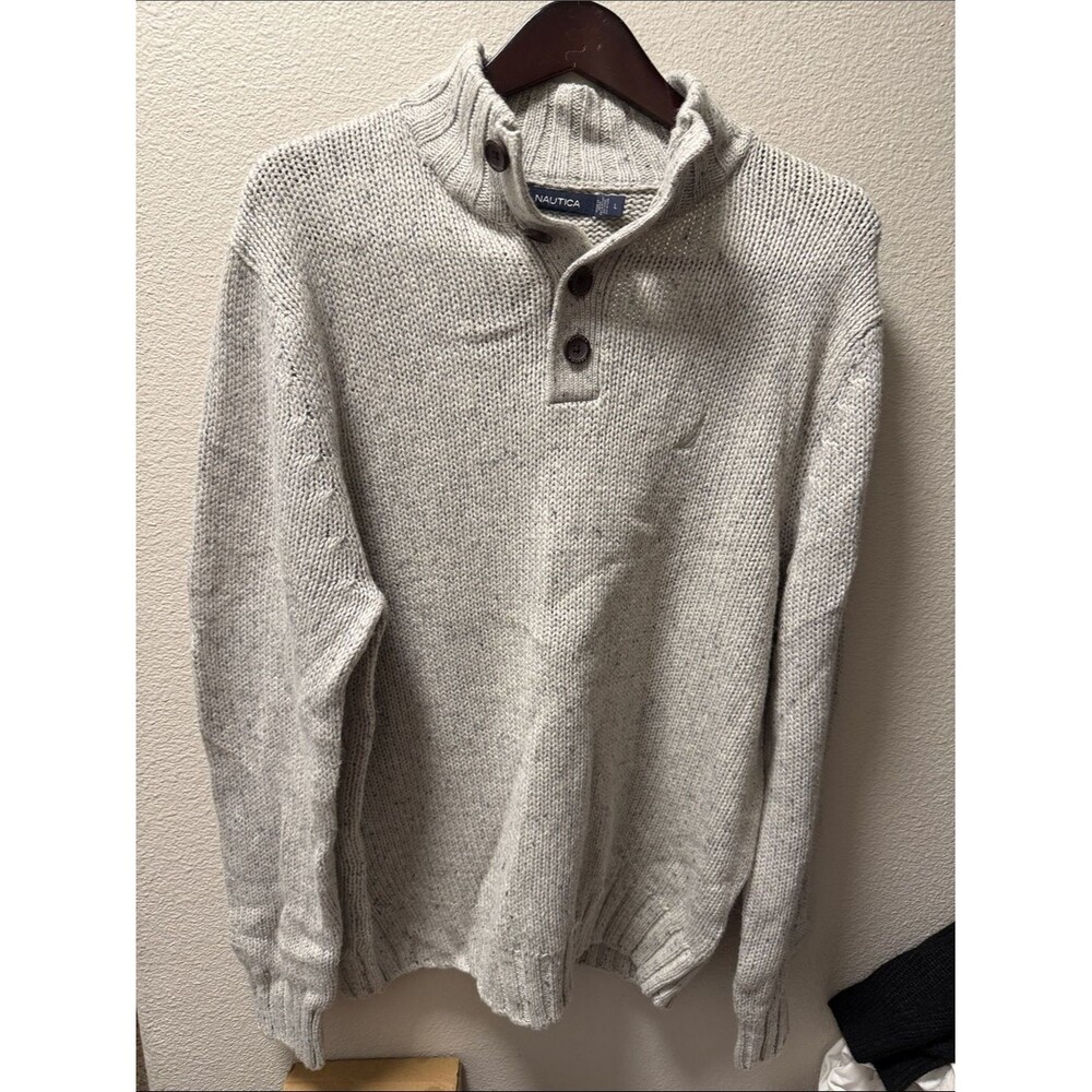 Nautica Men’s Light Cream Button-Mock Turtleneck Sweater